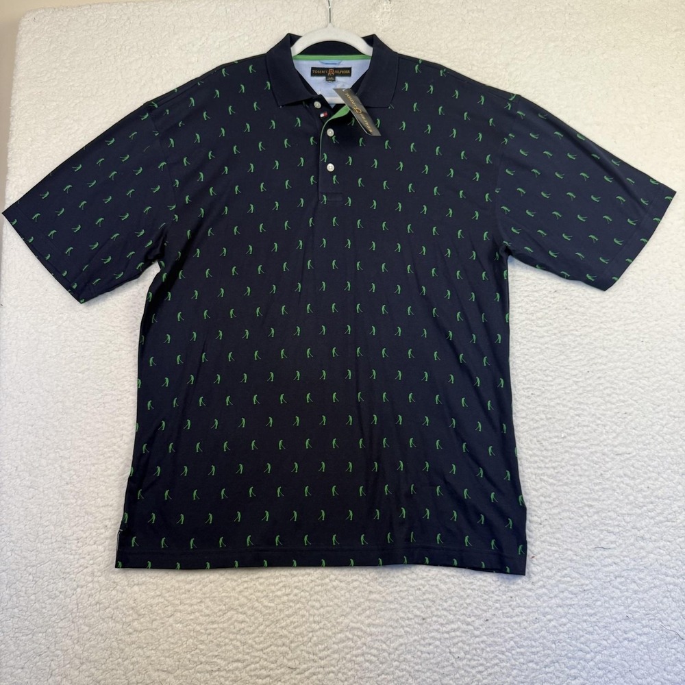 Tommy Hilfiger Golf Polo Shirt Mens Large Navy Green Golfer Print Cotton